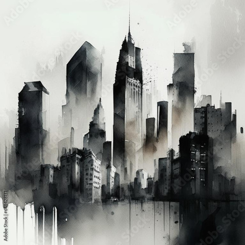 City scape watercolor painting in black and grey colors. Abstract buildings in city on watercolor painting.