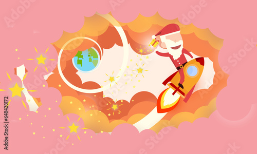 Santa claus drive rocket launch and smoke through cloud into space. Startup - flat design. vector design.