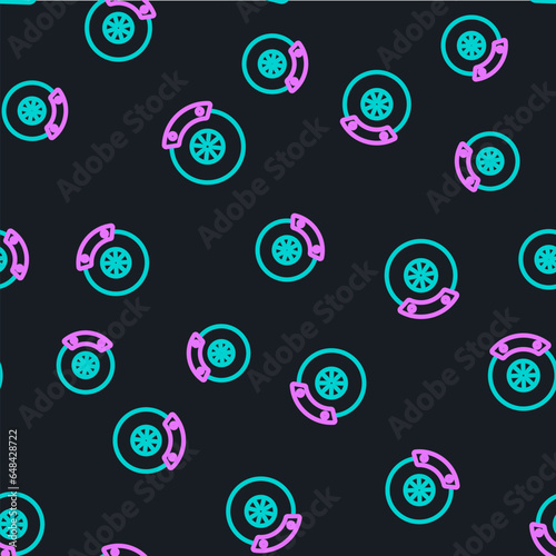 Line Car brake disk with caliper icon isolated seamless pattern on black background. Vector
