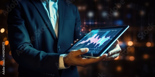 Wallpaper Mural Businessman holding tablet and analysis stock market, currency exchange and banking, showing a growing virtual hologram of statistics, graph and chart. Planing and strategy concept. Torontodigital.ca