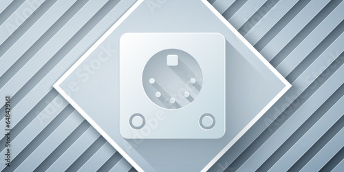 Paper cut Drum machine icon isolated on grey background. Musical equipment. Paper art style. Vector