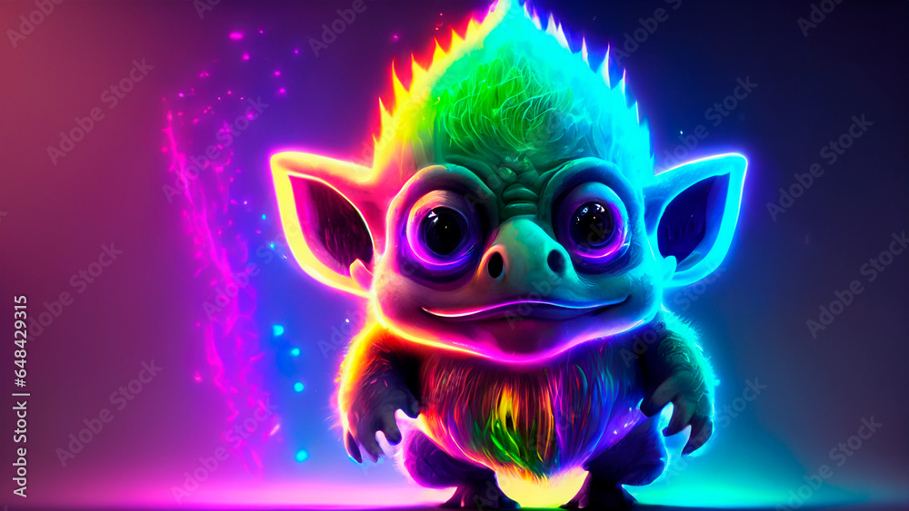 flourecent troll in neon lights with rainbow colors