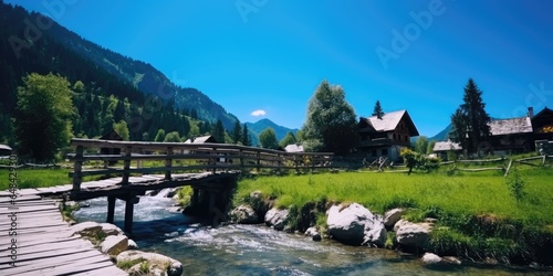 A wooden bridge to an old house over a stream with scenery mountains on a background. Generative AI