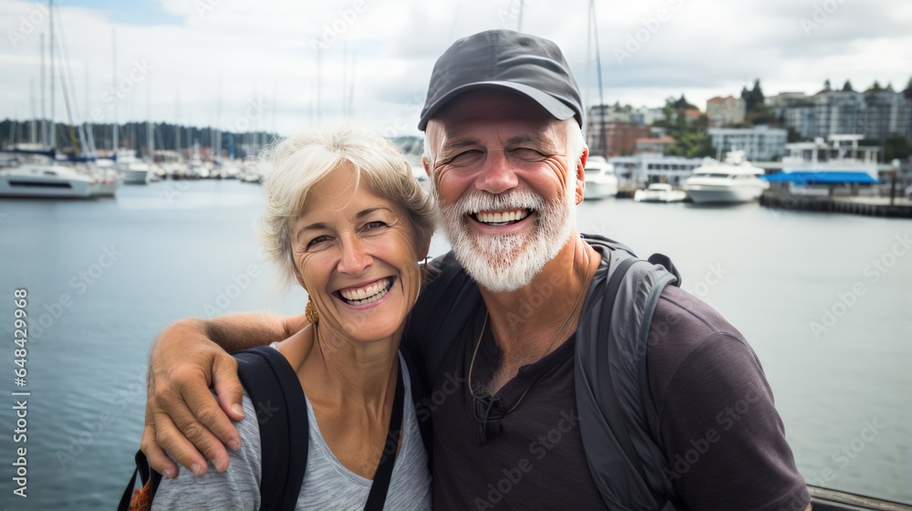 Harbor delights: seniors savoring the port's charm, immersed in coastal culture. Generative ai.
