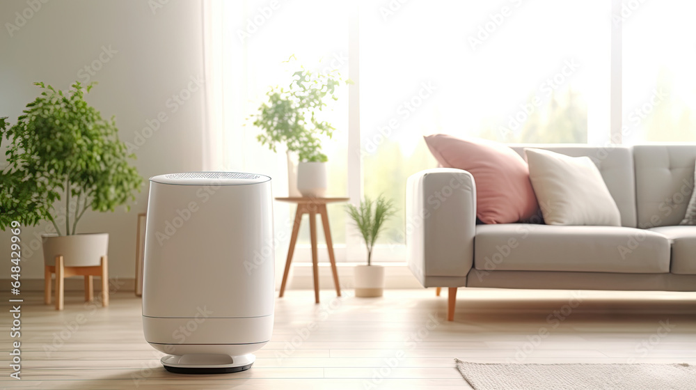 Air purifier in cozy white living room for filter and cleaning removing dust PM2.5 HEPA and virus in home. Generative Ai Air purifier in cozy white living room for filter and cleaning removing dust PM2.5 HEPA and virus in home. Generative Ai