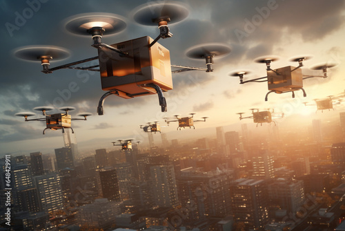 An aerial shot of delivery drones in flight  showcasing the potential of autonomous technology for efficient and fast delivery services  aesthetic look