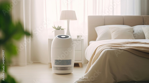 Air purifier in cozy white bedroom for filter and cleaning removing dust PM2.5 HEPA and virus in home. for fresh air and healthy Wellness life. Generative Ai