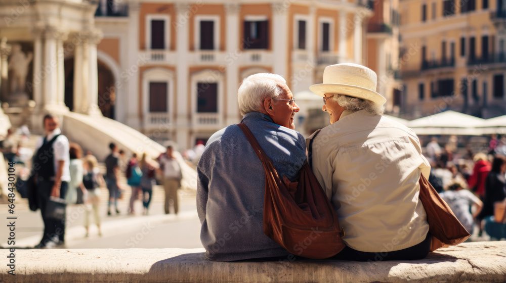 Cityscape stroll: senior travelers embracing local culture, amidst iconic landmarks. Generative ai.