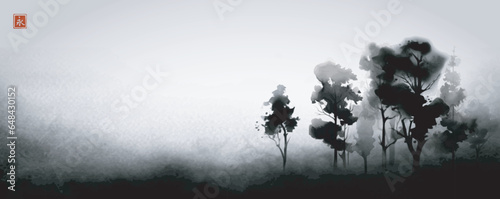 Minimalist landscape with black trees. Traditional Japanese ink wash painting sumi-e. Translation of hieroglyph - eternity