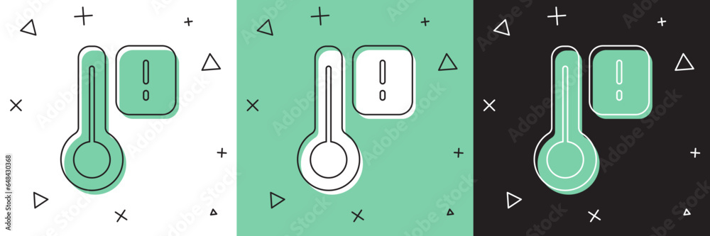 Set Sauna thermometer icon isolated on white and green, black background. Sauna and bath equipment. Vector