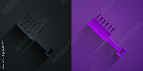 Paper cut Sauna brush icon isolated on black on purple background. Wooden brush with coarse bristles for washing in the bath. Anti cellulite massage. Paper art style. Vector