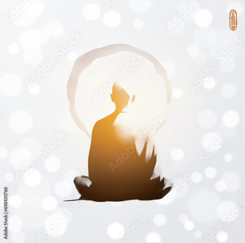 Ink painting of meditating buddhist monk, view from the back. Traditional oriental ink painting sumi-e, u-sin, go-hua on white glowing background
