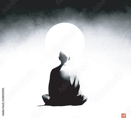 Ink painting of meditating buddhist monk, view from the back. Traditional oriental ink painting sumi-e, u-sin, go-hua. Translation of hieroglyph - zen