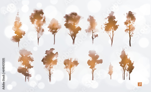 Ink wash painting of trees on white glowing background. Traditional Japanese ink wash painting sumi-e. Translation of hieroglyph - prosperity.