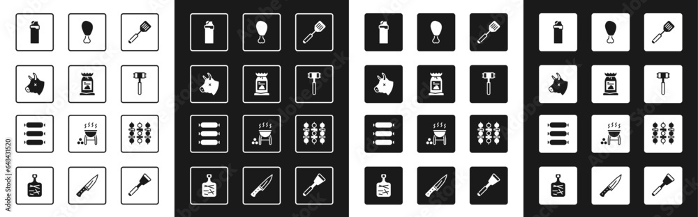 Set Spatula, Barbecue coal bag, Cow head, Lighter, Kitchen hammer, Chicken leg, Grilled shish kebab and Sausage icon. Vector - obrazy, fototapety, plakaty 