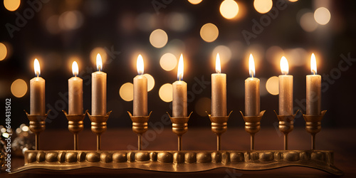 Golden menorah with burning candles against dark background and blurred festive lights Festive Hanukkah Menorah Aglow in Darkness AI Generative 