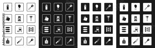 Set Spatula, Barbecue coal bag, Cow head, Lighter, Kitchen hammer, Chicken leg, Grilled shish kebab and Sausage icon. Vector