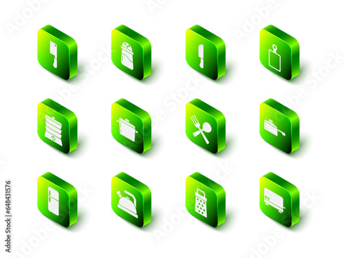 Set Salt, Knife, Cutting board, Frying pan, Toaster, Crossed fork and spoon, Grater and Kettle with handle icon. Vector