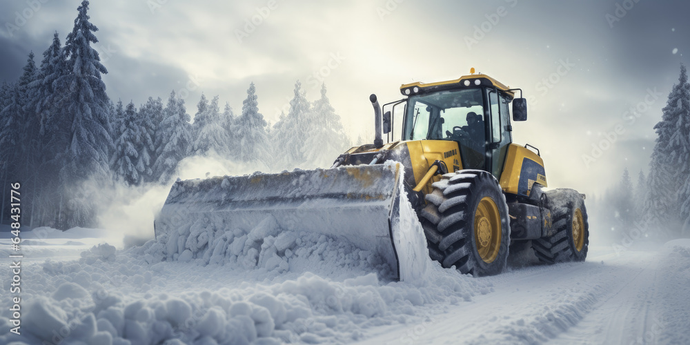 Tractor clears snow on the highway Tractor clears snow on the highway