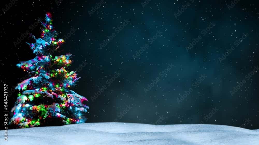 Snow-covered Christmas tree with colorful lights  in a snowy winter landscape. Loop