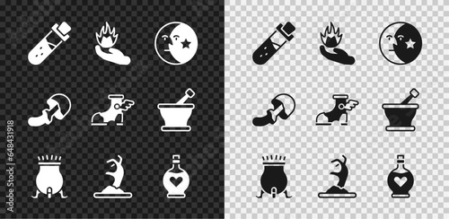 Set Bottle with potion, Hand holding a fire, Moon stars, Witch cauldron, Zombie hand, love, Psilocybin mushroom and Hermes sandal icon. Vector