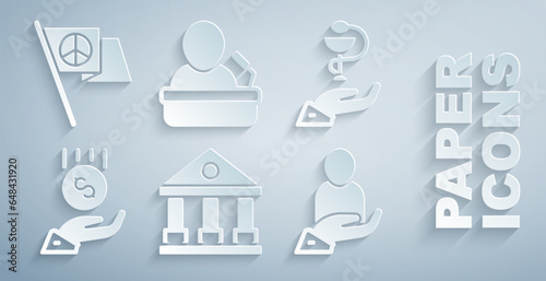 Set Courthouse building, Caduceus snake medical, Coins on hand - minimal wage, Life insurance, Speaker and Peace icon. Vector