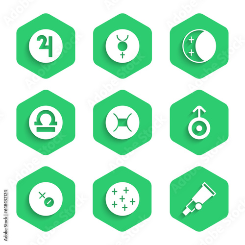 Set Gemini zodiac, Full moon, Telescope, Symbol Uranus, Venus symbol, Libra, Eclipse of the sun and Jupiter icon. Vector