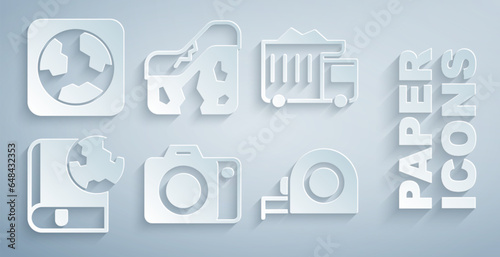 Set Photo camera, Mining dump truck, Earth globe and book, Roulette construction, Geological fault and icon. Vector