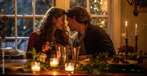 a couple sharing a romantic kiss under a mistletoe with a festive dinner table set in the background