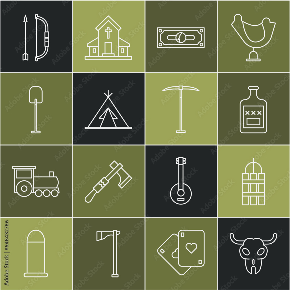 Set line Buffalo skull, Detonate dynamite bomb stick, Whiskey bottle, Stacks paper money cash, Indian teepee or wigwam, Shovel, Bow and arrow in quiver and Pickaxe icon. Vector Set line Buffalo skull, Detonate dynamite bomb stick, Whiskey bottle, Stacks paper money cash, Indian teepee or wigwam, Shovel, Bow and arrow in quiver and Pickaxe icon. Vector