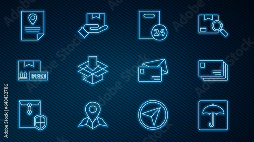 Set line Umbrella, Envelope, Delivery with cardboard boxes, Cardboard traffic symbol, free, Document tracking marker system, and hand icon. Vector