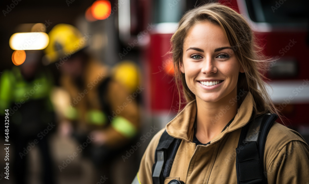 Radiant Female Firefighter: Pride and Confidence by the Station Radiant Female Firefighter: Pride and Confidence by the Station