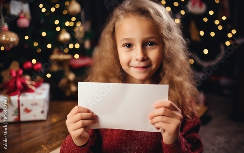 A little girl holding an envelope with letter for Santa Claus. Generative AI
