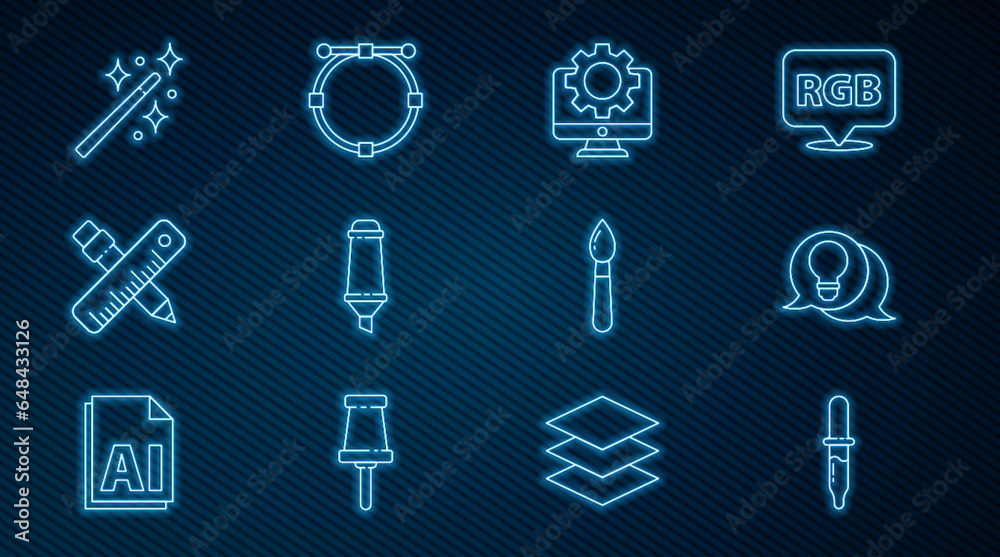 Set line Pipette, Light bulb with concept of idea, Computer monitor and gear, Marker pen, Crossed ruler pencil, Magic wand, Paint brush and Circle Bezier curve icon. Vector Set line Pipette, Light bulb with concept of idea, Computer monitor and gear, Marker pen, Crossed ruler pencil, Magic wand, Paint brush and Circle Bezier curve icon. Vector
