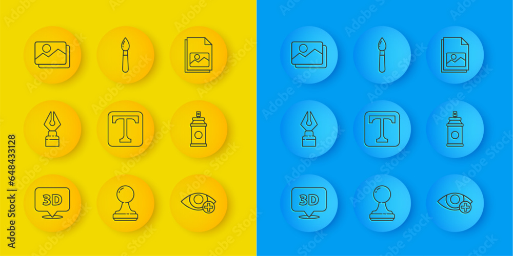 Set line Speech bubble with text 3D, Fountain pen nib, Text, Red eye effect, Paint spray can, Picture landscape, and brush icon. Vector Set line Speech bubble with text 3D, Fountain pen nib, Text, Red eye effect, Paint spray can, Picture landscape, and brush icon. Vector