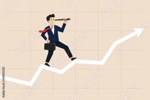 Business vision to see opportunities, profit growth, career achievements, smart businessman manager using telescope to see future standing on rising arrow market graph. Businessman illustration.