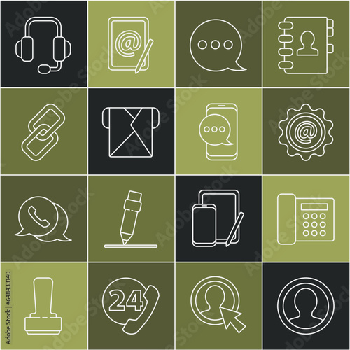 Set line Create account screen, Telephone, Mail and e-mail, Speech bubble chat, Envelope, Chain link, Headphones and Chat messages notification icon. Vector