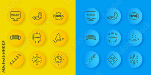 Set line Virus, Medical protective mask, Shield protecting from virus, Washing hands with soap, Corona 2019-nCoV on location, covid-19 and icon. Vector