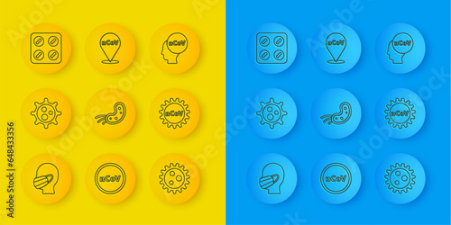 Set line Face in a medical protective mask, Virus, Corona virus 2019-nCoV, Pills blister pack, and location icon. Vector
