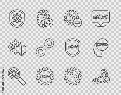 Set line Virus under magnifying glass, Positive virus, Negative, Corona 2019-nCoV, Shield protecting from, and covid-19 icon. Vector