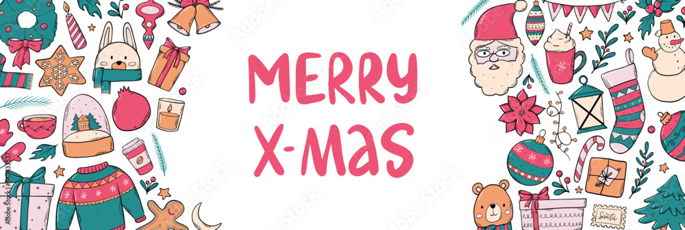 Christmas horizontal banner with lettering quote and frame of doodles for templates, invitations, signs, advertising, social media, cards, prints, etc. EPS 10 Christmas horizontal banner with lettering quote and frame of doodles for templates, invitations, signs, advertising, social media, cards, prints, etc. EPS 10