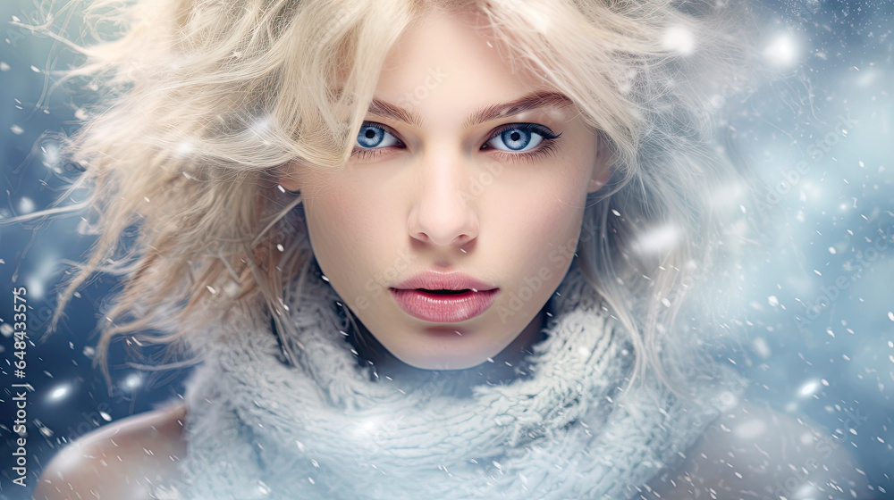 Winter  woman close-up portrait . Beautiful eyes. Snowy frozen ..autumn woman close-up portrait . Beautiful eyes. Snowy scene