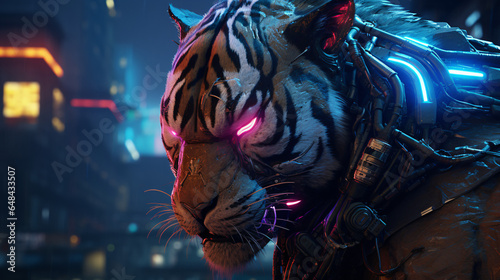 This photorealistic cyberpunk tiger is very powerful