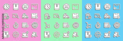 Set line Forklift truck, Worldwide shipping and box, Package with check mark, This side up, Search package, Verification of delivery list clipboard, Clock and Logistics clock icon. Vector