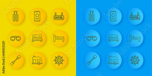 Set line Paddle, Binoculars, Big bed, Ship steering wheel, Bed, Suitcase, Signboard with text Hotel and Mobile review rating icon. Vector