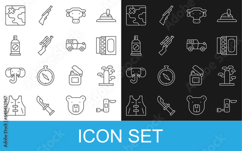Set line Swiss army knife, African tree, Matchbox and matches, buffalo head, Sniper rifle with scope, Spray against insects, safari map and Off road car icon. Vector