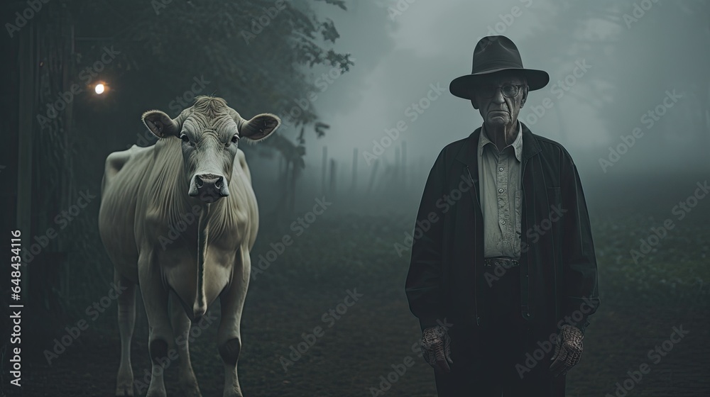 Mature male farmer smiles proudly into camera at his work on a rural farm with cows. - obrazy, fototapety, plakaty 