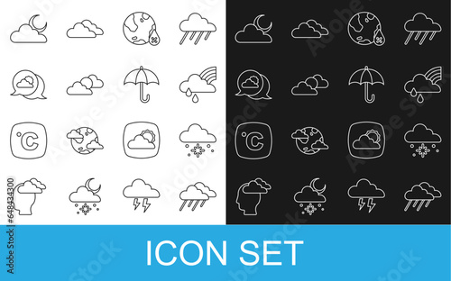 Set line Cloud with rain, snow, Rainbow cloud and, Water drop percentage, Sun weather, Location, moon and Umbrella icon. Vector