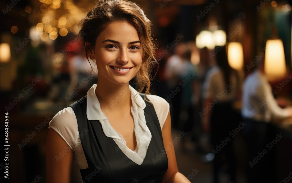 Cute female waiter stands on the background of the restaurant writes down the order. Generative AI Cute female waiter stands on the background of the restaurant writes down the order. Generative AI