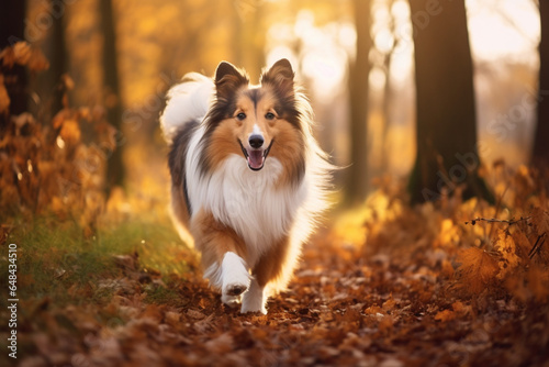 Active Sheltie dog enjoying a stroll in a beautiful park - a captivating stock photo capturing the energy and liveliness of the breed amidst the scenic surroundings, aesthetic look © alisaaa
